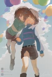  1girl 1other :d ;( \||/ absurdres ahoge ankle_boots archx09 arm_at_side backlighting balloon bare_legs belt black_belt blue_sky blue_sweater boots breasts bright_pupils brown_boots brown_hair brown_shorts center-flap_bangs chara_(undertale) closed_mouth clouds commentary cumulonimbus_cloud day denim denim_shorts double-parted_bangs english_commentary english_text expressionless feet_out_of_frame frisk_(undertale) from_below frown full_body genderswap genderswap_(otf) green_sweater hair_between_eyes hands_on_another's_cheeks hands_on_another's_face hands_up highres holding holding_balloon instagram_logo instagram_username knees_together_feet_apart legs_apart light_particles long_sleeves looking_at_another looking_at_viewer one_eye_closed open_mouth outdoors puffy_long_sleeves puffy_sleeves purple_sweater red_eyes short_hair shorts single_hair_intake sky small_breasts smile standing striped_clothes striped_sweater sweater swept_bangs tumblr_logo tumblr_username turning_head turtleneck turtleneck_sweater twitter_username twitter_x_logo two-tone_sweater undertale unused_tire utdr_(toby_fox) walking white_pupils wind yellow_eyes yellow_sweater 