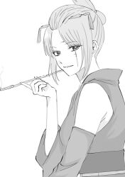  1girl bangs_pinned_back commentary_request folded_ponytail gintama japanese_clothes karin_hana_84 kimono kiseru kunai kunai_hair_ornament scar scar_on_cheek scar_on_face sleeveless sleeveless_kimono smoking_pipe tsukuyo_(gintama) weapon 
