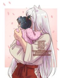  1boy 1girl animal_ears artist_name baby bead_necklace beads black_hair carrying carrying_baby carrying_person claws commentary dog_boy dog_ears falling_petals father_and_child father_and_daughter fingernails hair_ribbon hakama hand_in_another's_hair highres inuyasha inuyasha_(character) japanese_clothes jewelry lennys long_fingernails long_hair moroha necklace onesie parent_and_child patreon_username petals pink_background pink_petals ponytail red_hakama red_ribbon ribbon sharp_fingernails shirt short_hair short_ponytail twitter_username untranslatable_commentary upper_body web_address white_background white_hair white_shirt yellow_eyes 