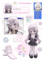  1girl @_@ arrow_(symbol) black_dress black_ribbon black_shoes blunt_bangs blush cellphone commentary_request cursor dialogue_box dress english_text flip_phone full_body gumiri_(s29umm) hair_ornament hair_ribbon highres holding holding_letter icon_(computing) korean_text letter long_sleeves low_twintails multiple_views open_mouth original parted_lips phone pink_background pom_pom_(clothes) pom_pom_hair_ornament recycle_bin recycling_symbol red_eyes ribbon shoes standing thai_commentary thigh-highs twintails white_background white_hair white_thighhighs window_(computing) x_hair_ornament zoom_layer 