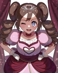  0393_piplup 1girl blue_eyes blush breasts brown_hair choker collarbone commentary_request donut_hair_bun double_bun dress drill_hair hair_bun hands_on_own_hips highres long_hair looking_at_viewer official_alternate_costume one_eye_closed open_mouth pink_dress pokemon pokemon_black_2_and_white_2 pokestar_studios puffy_short_sleeves puffy_sleeves red_choker rosa_(pokemon) short_sleeves smile solo teeth tiara twin_drills twintails upper_teeth_only 