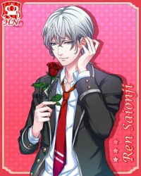  1boy adjusting_hair black_jacket boyfriend_(kari) card_(medium) character_name checkered_background flower grey_eyes grey_hair hair_between_eyes holding jacket looking_at_viewer male_focus necktie official_art open_clothes open_jacket red_background red_flower red_necktie red_rose rose saionji_ren_(boyfriend_(kari)) school_uniform smile solo urumiya_ruka 