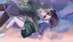  2girls black_pantyhose blue_eyes blue_jacket blue_shorts brown_hair clouds cloudy_sky commentary denim denim_shorts dusk eye_contact falling ginkgo_doodles girls_band_cry green_eyes green_skirt green_socks grey_hair grey_hoodie grey_shirt grey_socks highres holding_hands hood hood_down hoodie interlocked_fingers iseri_nina jacket kawaragi_momoka long_hair looking_at_another low_twintails medium_hair midair multiple_girls open_mouth outdoors pantyhose parted_lips plaid_clothes plaid_skirt pleated_skirt plectrum red_hair shirt shoes short_twintails shorts shorts_under_skirt skirt sky smile socks twintails white_shirt white_shoes yuri 