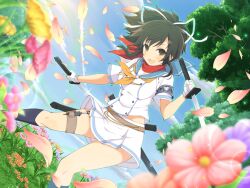  1girl :d armband ascot asuka_(senran_kagura) blue_armband blue_flower blue_sailor_collar blue_sky blue_socks blue_trim blush breasts brown_eyes brown_hair buttons clouds day double-breasted dual_wielding falling_petals field flower flower_field game_cg gloves grass hair_ribbon hanzou_academy_school_uniform holding kashira_(pommel) kunai large_breasts leaf lens_flare light_particles looking_at_viewer midriff_peek miniskirt official_art open_mouth orange_ascot orange_flower outdoors petals pink_flower plant pleated_skirt ponytail purple_flower red_scarf reverse_grip ribbon sailor_collar saya_(scabbard) scarf school_emblem school_uniform senran_kagura senran_kagura_new_link serafuku short_ponytail shuriken skirt sky smile socks solo sparkle standing sword thigh_strap tree tsuba_(guard) tsuka-ito tsuka_(handle) wakizashi weapon white_gloves white_ribbon white_serafuku white_skirt yellow_flower 