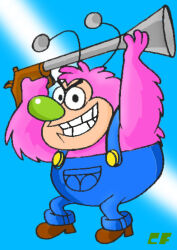  1boy antennae antique_firearm black_eyes blue_background blue_overalls blunderbuss boots brown_boots coffgirl commentary english_commentary fat full_body fuzzy_lumpkins grin gun holding holding_gun holding_weapon looking_at_viewer male_focus overalls pink_fur powerpuff_girls smile teeth toon_(style) weapon 