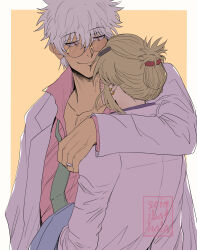  absurdres artist_name blonde_hair blush collared_shirt commentary couple gintama highres looking_at_another messy_hair necktie ponytail sakata_gintoki seigibathala shirt signature teacher tsukuyo_(gintama) untranslatable_commentary white_hair 