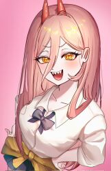  1girl blonde_hair bow bowtie breasts chainsaw_man collarbone collared_shirt commentary cross-shaped_pupils demon_girl demon_horns hair_between_eyes hanagumorimoa hands_on_own_hips highres horns long_hair long_hair_between_eyes looking_at_viewer loose_bowtie open_mouth pink_background pleated_skirt power_(chainsaw_man) red_horns ringed_eyes sharp_teeth shirt simple_background skirt smile solo symbol-shaped_pupils teeth untranslatable_commentary white_shirt yellow_eyes 