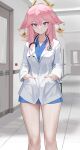  1girl absurdres blue_dress closed_mouth doctor dolri dress floppy_ears fox_girl genshin_impact hair_ornament hands_in_pockets highres hospital indoors lab_coat long_hair looking_at_viewer pink_hair pink_nails smile solo standing stethoscope violet_eyes yae_miko 