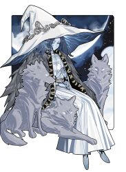  1girl 88rfnzknbhuc5sy absurdres blue_eyes blue_hair blue_skin cloak closed_mouth colored_skin commentary_request dress elden_ring extra_arms extra_faces fromsoftware fur_cloak hat highres large_hat long_hair looking_at_viewer one_eye_closed ranni_the_witch white_dress white_hat witch witch_hat wolf 