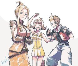  1boy 2girls arms_under_breasts artist_name bare_shoulders belt black_belt black_gloves black_shirt blonde_hair blue_shorts boots breasts brown_boots brown_hair clenched_hands closed_mouth cowboy_shot cowlick crossed_arms curled_ends detached_sleeves dress facial_tattoo final_fantasy final_fantasy_viii fingerless_gloves furrowed_brow gloves grin jacket jewelry large_breasts light_smile long_hair medium_breasts michibata_65 midriff_peek multiple_girls necklace open_mouth orange_skirt orange_vest overalls parted_bangs parted_lips quistis_trepe red_jacket ribbed_skirt ribbed_vest ribbon selphie_tilmitt shirt short_dress short_hair shorts sidelocks signature skirt smile spiky_hair tattoo teeth updo vest white_background wrist_ribbon yellow_dress yellow_overalls zell_dincht 