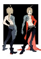  1boy bailanlam belt black_boots black_pants blonde_hair boots braid brown_belt closed_mouth coat coat_partially_removed collarbone edward_elric full_body fullmetal_alchemist groin hand_on_own_hip highres long_hair looking_at_viewer male_focus multiple_views navel pants parted_bangs red_coat skinny standing topless_male wallet_chain yellow_eyes 