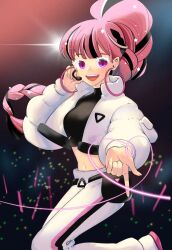 1girl alternate_costume braid braided_ponytail cookie_run cookie_run:_ovenbreak crop_top earrings eyelashes female glitter glitter_in_hair hand_on_headset hand_on_headwear headset heart hoop_earrings jacket long_hair looking_at_viewer multicolored_hair official_alternate_costume one_leg_raised open_jacket pants pink_hair shining_glitter_cookie shining_glitter_cookie_(superstar_airport_attire) smile third-party_source white_pants