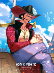  1boy abs black_hair coat commentary_request copyright_name crossed_legs dracule_mihawk facial_hair forked_eyebrows goatee hat hat_feather highres male_focus mustache official_art one_piece one_piece_card_game open_clothes open_coat outdoors parted_lips short_hair sitting solo sunohara_(encount) sword sword_on_back weapon weapon_on_back yellow_eyes 