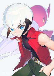  2boys absurdres back-to-back belt black_hair black_shirt blue_eyes buzzsaw_(6631455) cowboy_shot eugene_chaud_(mega_man) green_pants helmet highres long_hair male_focus mega_man_(series) mega_man_battle_network_(series) multicolored_hair multiple_boys pants protoman.exe red_helmet red_vest shirt short_hair simple_background sleeveless sleeveless_shirt solo_focus two-tone_hair vest white_background white_hair 