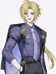  1boy arm_out_of_sleeve belt black_gloves black_jacket black_pants blonde_hair collared_shirt commentary fangs gloves grey_background grey_eyes hair_between_eyes hand_in_pocket heterochromia highres hugo_vlad jacket long_hair looking_at_viewer male_focus mole mole_under_eye necktie ooo_sn10 open_mouth pants pointy_ears purple_shirt red_eyes shirt shirt_tucked_in simple_background solo zenless_zone_zero 