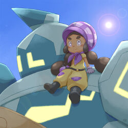  1girl belt black_belt black_boots black_hair blue_sky blush bonnet boots bright_pupils closed_mouth commentary_request dark-skinned_female dark_skin day gloves golurk hapu_(pokemon) lens_flare long_hair pokemon pokemon_(creature) pokemon_sm purple_bonnet purple_gloves samsung_(yuzuikka) short_sleeves sitting sky smile thick_eyebrows violet_eyes white_pupils 