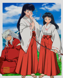  1boy 2girls absurdres alternate_hairstyle animal_ears black_hair bow_(weapon) brown_eyes chandllucky commentary dog_ears english_commentary family father_and_child father_and_daughter hair_down hakama hakama_skirt han'you_no_yashahime hand_on_own_face highres higurashi_kagome holding holding_bow_(weapon) holding_weapon husband_and_wife inuyasha inuyasha_(character) japanese_clothes kimono long_hair long_sleeves matching_outfits miko moroha mother_and_child mother_and_daughter multiple_girls parent_and_child sandals sidelocks skirt very_long_hair waraji weapon white_hair wide_sleeves yellow_eyes zouri 