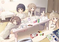  4girls :d =_= arm_on_table bag bare_legs barefoot bedroom black_hair black_shorts blonde_hair blue_bag blush bob_cut book bow bow_hairband brown_dress brown_eyes brown_hair cable card coaster commentary cup dress drinking_glass fang fumi_(takepoison) grey_shirt hair_bow hair_ornament hairband hairclip highres holding holding_paintbrush holding_pen indoors kanan_(takepoison) kanon_(takepoison) leaning_on_table long_hair lying multiple_girls nitori_(takepoison) on_stomach open_bag open_book open_mouth original paint paint_splatter paint_splatter_on_face paintbrush painting_(action) painting_(object) pen pen_holder pinafore_dress pink_bow plastic_bag polka_dot_hairband power_strip rug shirt short_hair shorts siblings single_bare_shoulder sisters sitting skin_fang sleeping sleeveless sleeveless_dress smile soles studying stuffed_animal stuffed_polar_bear stuffed_rabbit stuffed_toy table takepoison tissue_box toes trash_can two_side_up uno_(game) wariza white_shirt wooden_floor x_hair_ornament 