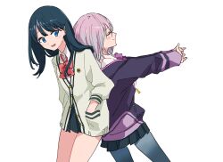  2girls back-to-back black_hair black_skirt blue_eyes bow bowtie closed_eyes collared_shirt commentary grey_pantyhose gridman_universe hands_in_pockets highres himagosan jacket light_blush long_hair long_sleeves looking_at_another medium_hair multiple_girls open_mouth pantyhose pleated_skirt purple_bow purple_bowtie purple_hair purple_jacket red_bow red_bowtie school_uniform shinjou_akane shirt skirt smile ssss.gridman stretching takarada_rikka white_background white_shirt yuri 