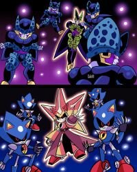  5boys aerial_battle animal_nose armor battle black_sclera blue_armor cell_(dragon_ball) cell_junior claws colored_sclera colored_skin death_battle dragon_ball dragon_ball_z furry furry_male glowing green_skin hedgehog_boy highres humanoid_robot jet_boots klaudia96art limp_wrist looking_at_viewer male_focus metal_sonic multiple_boys muscular muscular_male neo_metal_sonic open_mouth perfect_cell pixel_eyes pointy_nose red_eyes robot smile sonic_(series) sonic_heroes sonic_the_hedgehog_(idw) spiked_wristband super_neo_metal_sonic teeth violet_eyes wings 