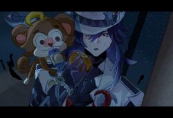  1boy animal_on_shoulder ashveil_(honkai:_star_rail) black_hair bracelet bright_pupils burger commentary_request crescent crescent_pin drink_carton food gradient_hair hat highres holding holding_burger holding_food honkai:_star_rail honkai_(series) jacket jewelry juice_box long_hair lower_eyelashes_only male_focus monkey multicolored_hair night saki_(popepope0815) upper_body 