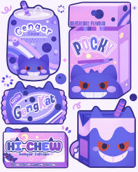  blueberry blush_stickers brand_name_imitation can commentary drink_can drink_carton drinking_straw english_commentary english_text food fruit gengar hi-chew milk_carton nestle no_humans pocky pokemon pokemon_(creature) puffychii purple_theme red_eyes soda soda_can white_background 