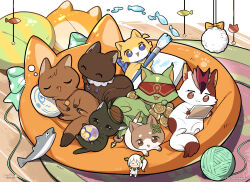  6+others absurdres animal_ears animalization black_fur blindfold brown_fur cat cat_ears character_doll coin colored_blindfold commentary doll english_commentary fish genshin_impact gold_coin green_fur hat hidimbi_(genshin_impact) highres holding holding_paintbrush holding_photo isak_(genshin_impact) kid_kujirai multicolored_fur multiple_others nahida_(genshin_impact) no_humans nusta_(genshin_impact) official_art on_cushion paintbrush photo_(object) red_hat salsa_(genshin_impact) sleeping timaeus_(genshin_impact) yarn yarn_ball yellow_fur ying'er_(genshin_impact) 