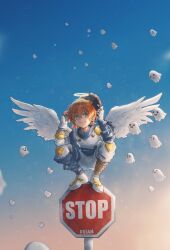  1boy absurdres aged_down angel angel_wings angemon asymmetrical_clothes asymmetrical_gloves blonde_hair commentary digimon digimon_(creature) digimon_adventure english_commentary fingerless_gloves gloves green_eyes halo helmet highres jumpsuit poyomon road_sign ruian_ame short_hair sign signature single_fingerless_glove sky squatting stop_sign traditional_halo unworn_headwear unworn_helmet wavy_mouth white_jumpsuit white_wings wings 