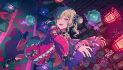  1girl black_leg_warmers black_shoes braid braided_sidelock brown_pantyhose china_dress chinese_clothes clothing_cutout colorful_palette detached_sleeves dot_nose double_bun dress dutch_angle fingernails frilled_sleeves frills full_body game_cg green_hair hair_between_eyes hair_bun hair_ornament hair_scrunchie hair_up highres jiangshi juliet_sleeves kusanagi_nene lantern leg_warmers light_blush long_sleeves looking_at_viewer medium_dress official_alternate_costume official_alternate_hairstyle official_art ofuda open_mouth outstretched_arms pantyhose pink_dress project_sekai puffy_sleeves purple_dress purple_scrunchie scrunchie shanghai_neckline shoes shoulder_cutout side_slit sidelocks solo spirit standing standing_on_one_leg third-party_source tongue vase violet_eyes white_dress zansho_no_inside_direction_(project_sekai) zombie_pose 