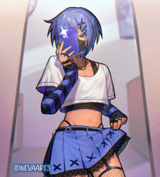  1boy androgynous arm_warmers blue_hair clothes_lift collar cowboy_shot crossdressing crossdressing_(mtf) english_commentary garter_straps highres holding holding_phone jewelry kaito_(vocaloid) male_focus mask midriff mirror_selfie mouth_mask multiple_rings nevaart3 phone pleated_skirt ring selfie short_hair skirt skirt_lift solo spiked_collar spikes tan thong twitter_username vocaloid 
