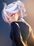  1girl ahoge commentary earrings gradient_background grey_eyes gundam gundam_suisei_no_majo highres jewelry looking_down miorine_rembran portrait signature solo suit symbol-only_commentary white_hair xin_(blueramen) 