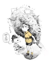  1boy beagle blonde_hair charlie_brown dog dubu274611 hat highres kite kite-eating_tree male_focus peanuts_(comic) shirt short_hair shorts smile snoopy tree yellow_shirt 