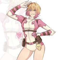  1girl arm_up artist_name belt belt_buckle belt_pouch blonde_hair blue_eyes breasts brown_belt buckle charm_(object) chiikawa commentary contrapposto cowboy_shot english_commentary gradient_hair grin gwenpool hair_between_eyes hand_on_own_hip highres leotard long_sleeves looking_at_viewer marvel medium_breasts multicolored_hair multicolored_leotard pink_hair pink_leotard pouch short_hair signature smile solo spidercvlt standing superhero_costume teeth usagi_(chiikawa) white_background white_leotard zoom_layer 