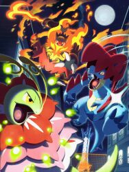  artist_request building city claws clouds emboar feraligatr fire full_moon holding holding_weapon mega_emboar mega_feraligatr mega_meganium mega_pokemon meganium midair moon motion_lines night nostrils official_art open_mouth pokemon pokemon_(creature) pokemon_home pokemon_legends:_z-a prism_tower sharp_teeth sky star_(sky) starry_sky starter_pokemon_trio teeth third-party_source tower weapon yellow_eyes 