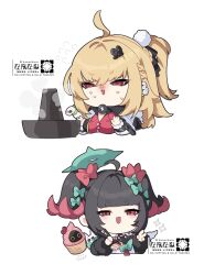  2girls :d absurdres ahoge bangboo_(zenless_zone_zero) black_hair blonde_hair bow breasts chibi chibi_only chopsticks cissia_(zenless_zone_zero) commentary_request cuffs cupcake earrings food hair_between_eyes hair_bow hair_ornament hair_ribbon halo highres holding holding_chopsticks holding_with_chopsticks hotpot jewelry kanarikaro lightning_bolt_symbol long_hair looking_at_viewer meat multicolored_hair multiple_girls nangong_yu open_mouth pink_hair pom_pom_(clothes) pom_pom_hair_ornament red_eyes ribbon simple_background smile snake sweat twintails two-tone_hair white_background wings zenless_zone_zero 