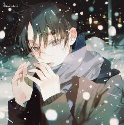  1boy artist_name black_hair blue_eyes blue_scarf blurry blurry_background brown_jacket depth_of_field glasses hands_up highres jacket long_sleeves looking_at_viewer male_focus night outdoors rimless_eyewear scarf short_hair shusuzu snow snowing solo watanuki_kimihiro xxxholic 