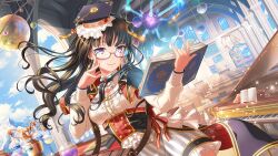  1girl adjusting_eyewear arch ascot bag bang_dream! bang_dream!_girls_band_party! bespectacled black_coat black_hair black_hat blue_sky book brooch brown_bag buttons chair chalkboard closed_mouth clouds coat coat_on_shoulders collar_chain_(jewelry) collared_coat cowboy_shot desk diffraction_spikes double-breasted dutch_angle earrings flask frilled_shirt frills gem glasses glint gold_earrings grand_piano grey-framed_eyewear grey_skirt hat highres holding holding_book indoors instrument jewelry liquid long_hair long_sleeves looking_at_viewer mortarboard mountain multicolored_hat official_art open_book orbital_path piano pillar planet red_gem red_ribbon ribbon round-bottom_flask semi-rimless_eyewear sheet_music shelf shirokane_rinko shirt shoulder_bag skirt sky smile striped_clothes striped_skirt tassel third-party_source under-rim_eyewear vertical-striped_clothes vertical-striped_skirt violet_eyes white_ascot white_shirt window yellow_trim 