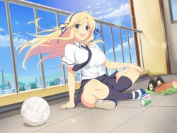  1girl :d blonde_hair blue_necktie blue_ribbon blue_shoes blue_skirt blue_sky blue_socks blue_trim blush breast_pocket breasts building cheese city cityscape clouds cloudy_sky crossed_legs day door drink_carton food game_cg green_eyes hair_ribbon hanzou_academy_school_uniform katsuragi_(senran_kagura) large_breasts long_hair looking_at_viewer lunch milk_carton miniskirt mountainous_horizon multicolored_shoes necktie official_art on_rooftop open_mouth outdoors plant pleated_skirt pocket radio_tower ribbon sandwich school school_uniform senran_kagura senran_kagura_new_link shirt shoes sitting skirt sky skyscraper smile socks solo tile_floor tiles tree two-tone_shoes very_long_hair volleyball white_shirt white_shoes window yogurt 