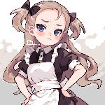 1girl ahiru_tokotoko apron blue_eyes brown_hair closed_mouth commentary_request hands_on_own_hips highres long_hair looking_at_viewer maid original pixel_art short_sleeves signature solo twintails two_side_up upper_body white_apron