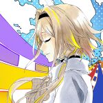  black_choker blonde_hair bow choker closed_eyes closed_mouth collared_shirt from_side hair_between_eyes hair_intakes hair_tubes hiyoku_no_crosspiece ieiri_popo ken&#039;ichi_(ken1ro_u) light_smile multicolored_background multicolored_hair nanashi_inc. plaid plaid_bow polka_dot polka_dot_background shirt short_hair_with_long_locks sidelocks smile streaked_hair upper_body virtual_youtuber white_shirt 