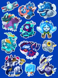  absurdres aqua_eyes black_sclera blue_background blue_eyes blue_mask blue_theme bright_pupils chibi closed_mouth colored_sclera dodozo dynamax eiscue eiscue_(ice) frigibax full_body gigantamax gigantamax_urshifu_(rapid) highres iron_crown kyogre magnemite magnet miraidon no_humans non-humanoid_robot ogerpon ogerpon_(wellspring_mask) one-eyed open_mouth outline pokemon pokemon_(creature) pokemon_focus red_eyes robot screw shichi_(7cube_ori) simple_background star-shaped_pupils star_(symbol) symbol-shaped_pupils terapagos terapagos_(normal) urshifu urshifu_(rapid) walking_wake white_outline white_pupils yellow_eyes yellow_sclera zacian zacian_(hero) 
