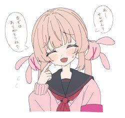  1girl :d black_sailor_collar closed_eyes commentary facing_viewer fang finger_to_cheek hair_ornament highres long_hair long_sleeves low_twintails nail_polish natori_sana natori_sana_(school_uniform) neckerchief nobu-k open_mouth rabbit_hair_ornament red_neckerchief sailor_collar sana_channel simple_background smile solo speech_bubble sweatdrop translation_request twintails untranslatable_commentary upper_body virtual_youtuber white_background 