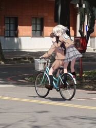  2girls bang_dream! bang_dream!_it's_mygo!!!!! bicycle black_socks brown_shirt brown_shoes brown_skirt closed_eyes commentary grey_skirt hand_up kaname_raana long_sleeves mole mole_under_eye multiple_girls multiple_riders nekohige0123 open_mouth outdoors photo_background plaid_clothes plaid_skirt pleated_skirt road sailor_collar school_uniform serafuku shiina_taki shirt shoes skirt socks untranslatable_commentary white_sailor_collar 