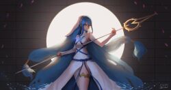  1girl absurdres armpits artist_name asymmetrical_legwear azura_(fire_emblem) bare_shoulders blue_hair breasts closed_mouth detached_sleeves double-parted_bangs dress english_commentary falling_petals fingerless_gloves fire_emblem fire_emblem_fates gloves hair_between_eyes hand_up highres holding holding_polearm holding_weapon long_hair long_sidelocks panties petals pink_petals pipo_475 polearm sidelocks signature simple_background small_breasts solo spear thighs underwear upper_body veil very_long_hair water water_drop weapon white_dress white_panties white_veil yellow_eyes 