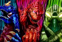  blue_eyes claws commentary_request domain_expansion drill giant giant_monster glowing glowing_eyes glowing_spikes godzilla godzilla_(series) highres jujutsu_kaisen kaiju mecha meme mogera_(godzilla) monster red_eyes robot sakuri_godzilla scales scene_reference spacegodzilla teeth triple_domain_expansion_(meme) 