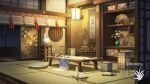  architecture artist_logo east_asian_architecture flower folding_fan hand_fan highres indoors katana lantern no_humans original paper_fan scenery scroll shouji sliding_doors sword table vase weapon window xingzhi_lv 