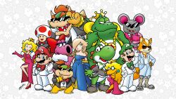  3girls 6+boys absurdres adjusting_eyewear animal_ears armlet birdo blonde_hair blue_dress blue_eyes boots bow bowser bowser_jr. bowtie bracelet brooch brown_hair buck_teeth closed_eyes colored_skin colored_teeth crocodilian crossdressing crown diamond_(gemstone) diamond_ring doc_shoddy dress earrings elbow_gloves everyone facial_hair formal_clothes fox_boy fox_ears fox_mccloud frog fur_shawl furry furry_male glasses gloves gold_armlet gold_cape gold_robe hair_over_one_eye hat high_heels highres horns jewelry kamek lipstick long_dress long_hair luigi luma_(mario) makeup mario mechanical_legs monochrome_background mouse_ears mouser multiple_boys multiple_girls mustache necklace no_bra open_mouth orange_hair ornate_ring partially_unbuttoned patterned_background pink_dress pink_gloves pink_lips pink_skin pink_suit polka_dot polka_dot_bow princess_peach red_bow ring rosalina shawl shoes smile sphere_earrings spiked_bracelet spiked_shell spikes standing star_(symbol) star_earrings star_fox suit sunglasses super_mario_all-stars super_mario_bros. tail teeth the_super_mario_galaxy_movie toad_(mario) turtle_shell wart_(mario) white_shawl white_shoes white_suit yellow_teeth yoshi 