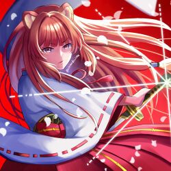  1girl animal_ear_fluff animal_ears artist_name brown_hair caramelo_game cherry_blossoms commentary_request falling_petals floating_hair glint hair_tubes hakama highres japanese_clothes katana long_hair long_sleeves neck_tassel official_alternate_costume parted_lips petals raccoon_ears raccoon_girl raphtalia red_background red_hakama red_ribbon red_skirt ribbon ribbon-trimmed_sleeves ribbon_trim sheath simple_background skirt solo straight_hair sword tassel tate_no_yuusha_no_nariagari twitter_username unsheathing upper_body vassal_katana_(beginner's_katana)_(tate_no_yuusha_no_nariagari) vassal_katana_(tate_no_yuusha_no_nariagari) watermark weapon white_kosode wide_sleeves 