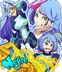  1girl blue_bodysuit blue_eyes blue_hair blush bodysuit boku_no_hero_academia breasts character_name commentary dirty dirty_clothes dirty_face drill_hair energy gloves green_bodysuit hado_nejire hair_horns head_rest highres large_breasts long_hair looking_at_viewer multiple_views outline short_hair signature sitting twin_drills user_ycjp4222 white_background white_outline yellow_gloves 