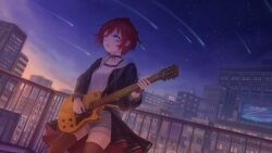  1girl absurdres black_choker black_jacket black_thighhighs blue_eyes choker city commentary_request delphi_(ga2006230312) denim denim_shorts dusk electric_guitar facial_mark guitar highres holding holding_guitar holding_instrument holding_plectrum hood hooded_jacket idolmaster idolmaster_million_live! instrument jacket julia_(idolmaster) long_sleeves open_clothes open_jacket open_mouth outdoors overskirt plectrum red_hair shirt shooting_star short_hair shorts sky solo standing star_(symbol) star_facial_mark thigh-highs white_shirt 